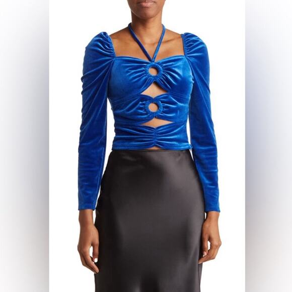 TORN BY RONNY KOBO Petra Long Sleeve Cut Out Electric Blue Velvet Crop Top Sz M - Picture 1 of 7